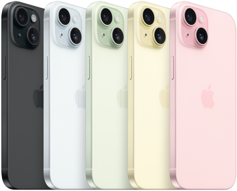 صورة للجهة الخلفية من iPhone 15 تعرض نظام الكاميرا المتطور والزجاج بلون مدمج بجميع الألوان: الأسود والأزرق والأخضر والأصفر والوردي.