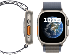صورة أمامية وجانبية لساعة Apple Watch Ultra 2 الجديدة المحايدة كربونياً